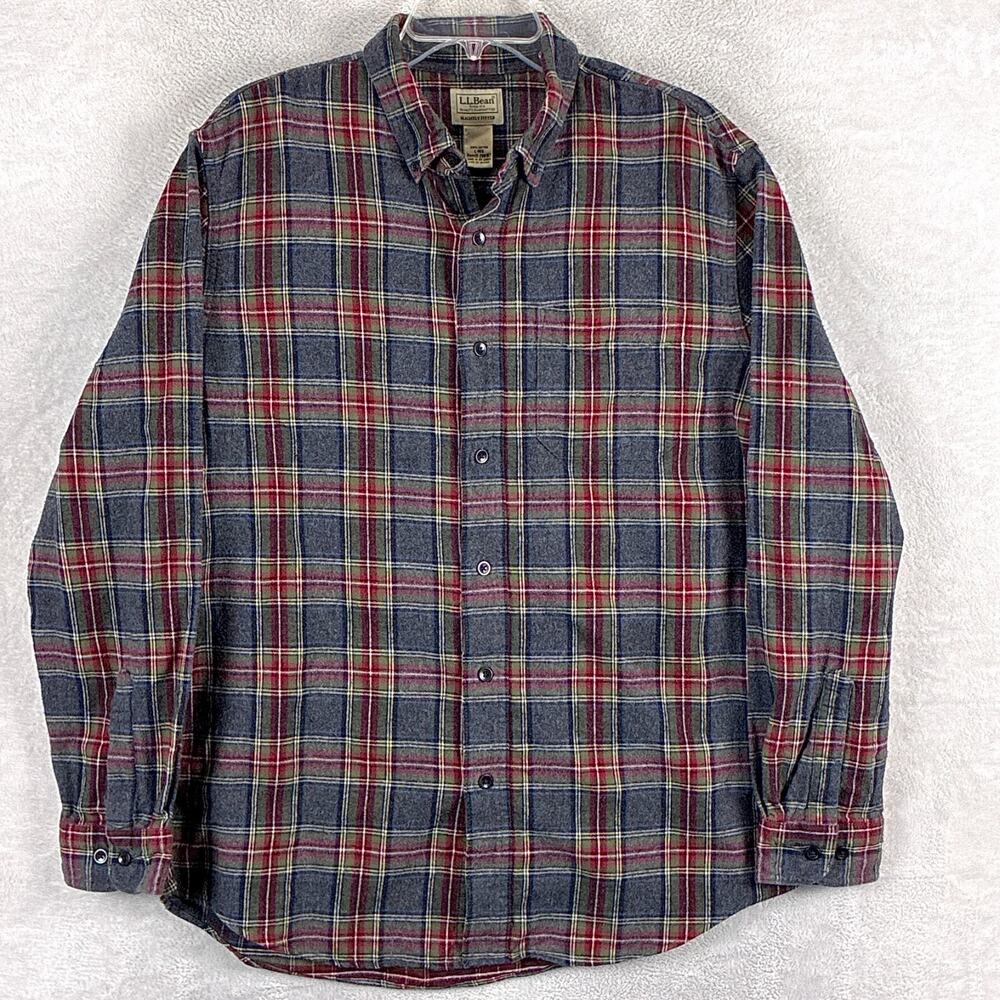 VTG LL Bean Flannel Shirt Mens L Gray Red Plaid Preppy Outdoor Lumberjack 90s